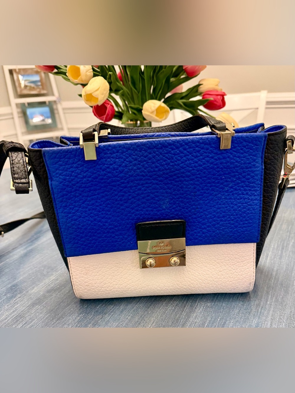 kate spade Two-Tone Royal Blue and Cream Leather Satchel with Black Accents